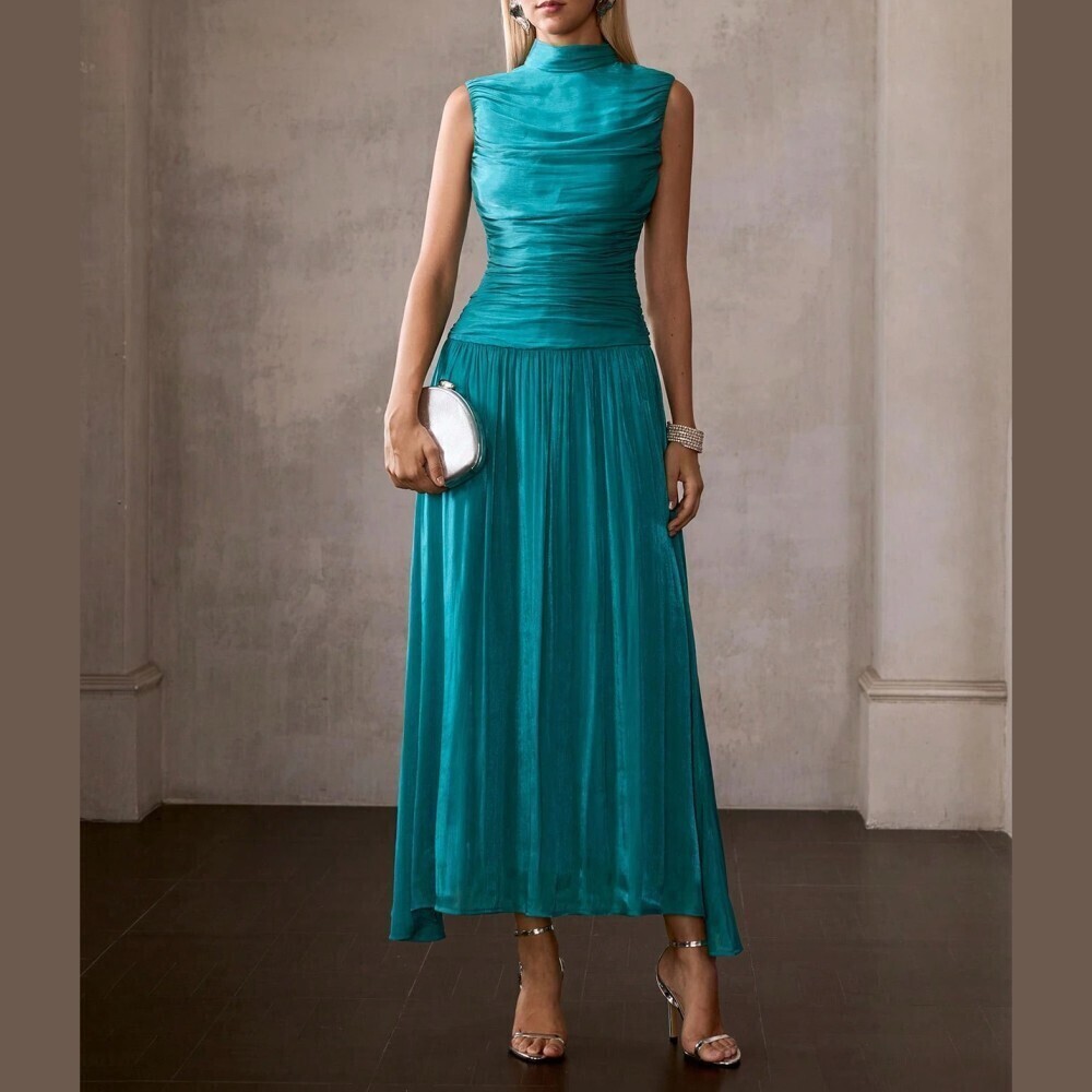 Teal Ruched Sleeveless Stand Collar A-Line Maxi Dress